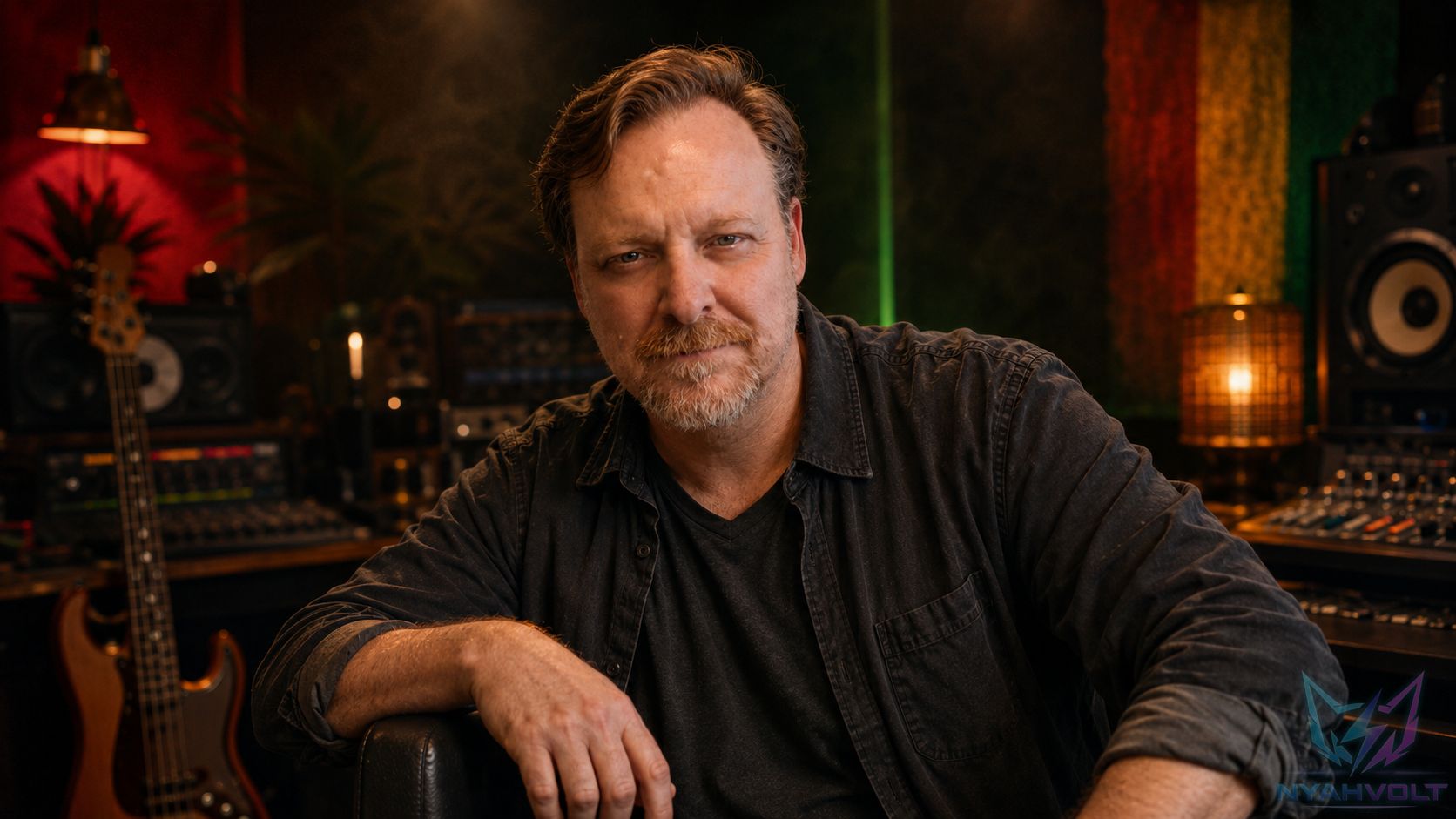 NyahVolt seated inside a music studio surrounded by instruments and production equipment