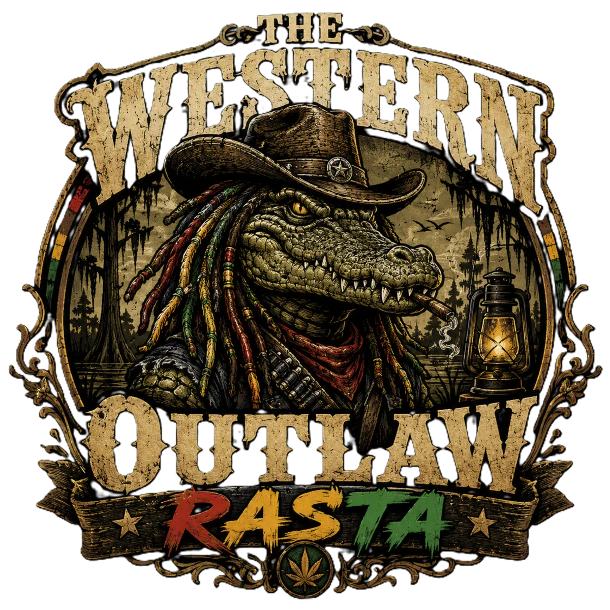 The Western Outlaw Rasta logo featuring an outlaw crocodile