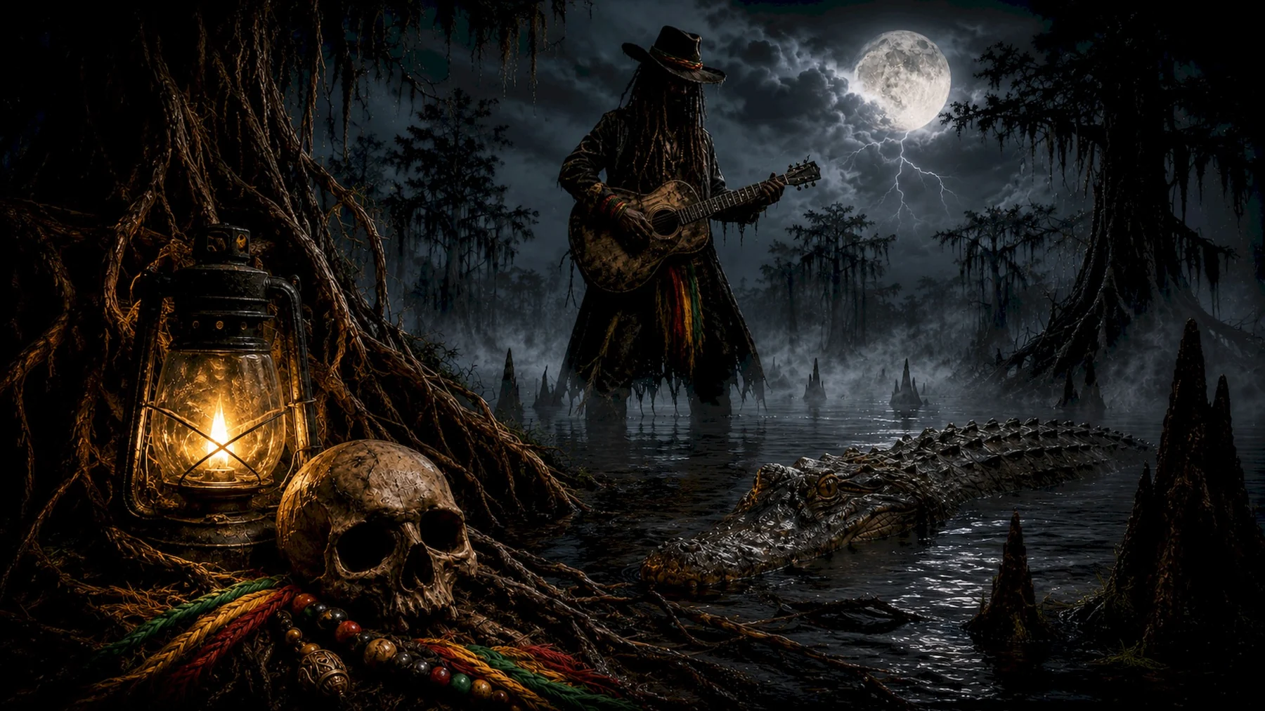 Rohan Blackwater with a crocodile, skull and lantern in a dark swamp