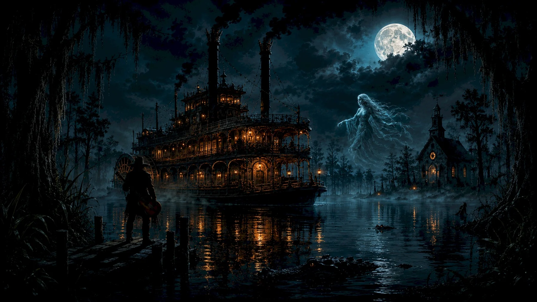 Ghostly steamboat and swamp spirit under the moon