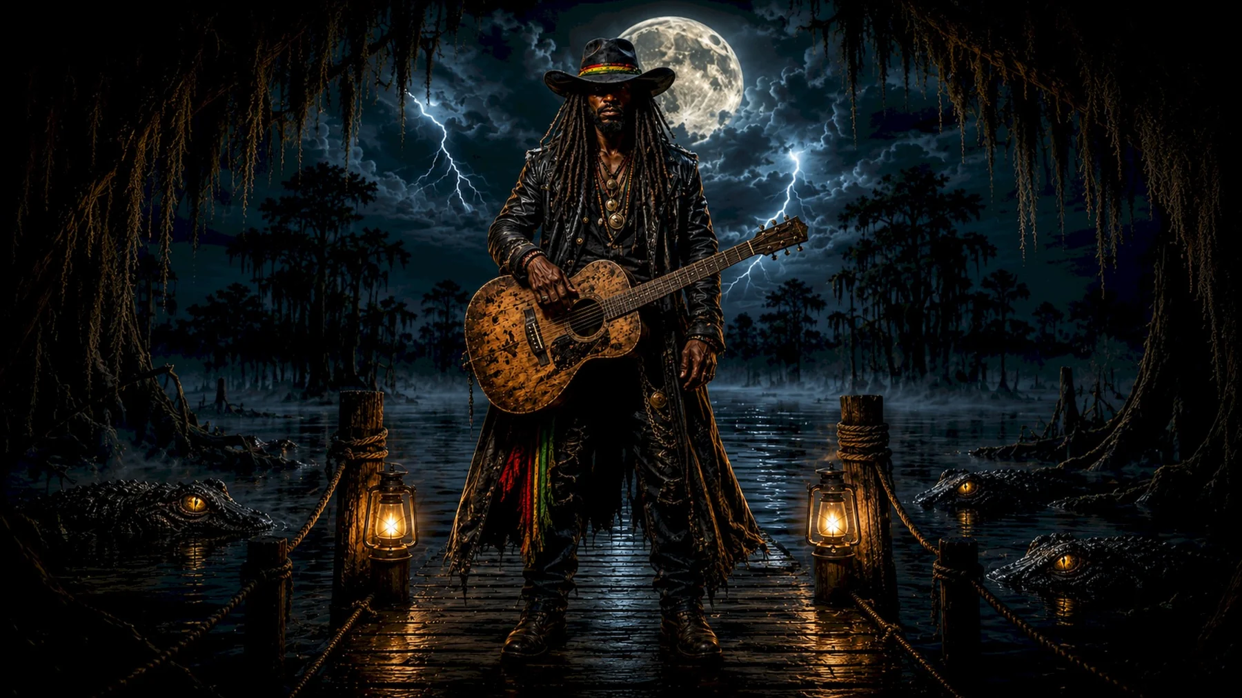 Rohan Blackwater on a lantern-lit swamp dock