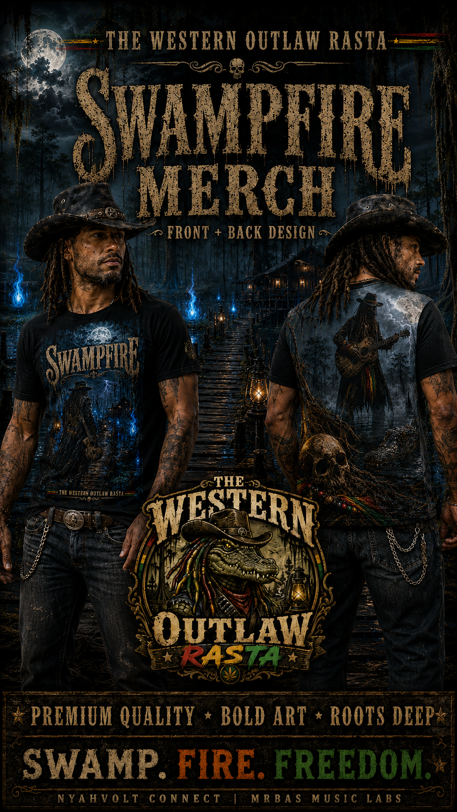 Swampfire merchandise front and back design advertisement